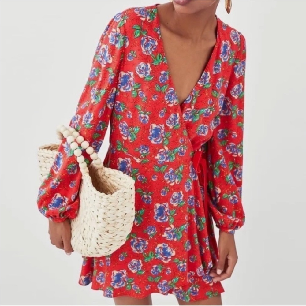 Zara Red and Blue Floral Long Sleeve V-Neck Mini Wrap Dress, Size Small